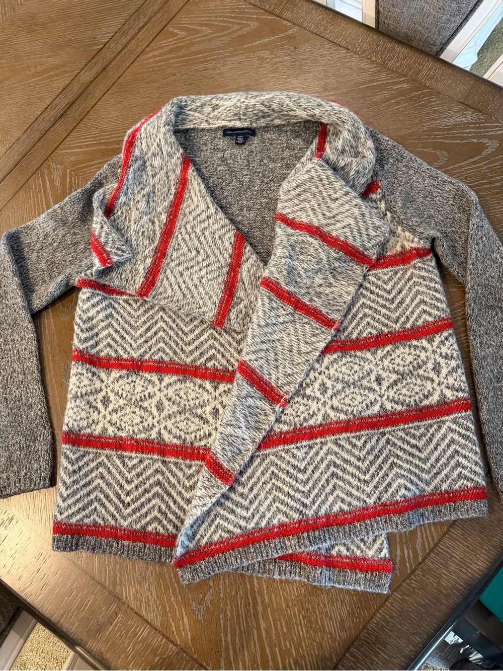 American Eagle Outfitters Grey Open-Front Cardigan with Red Stripes - size Med